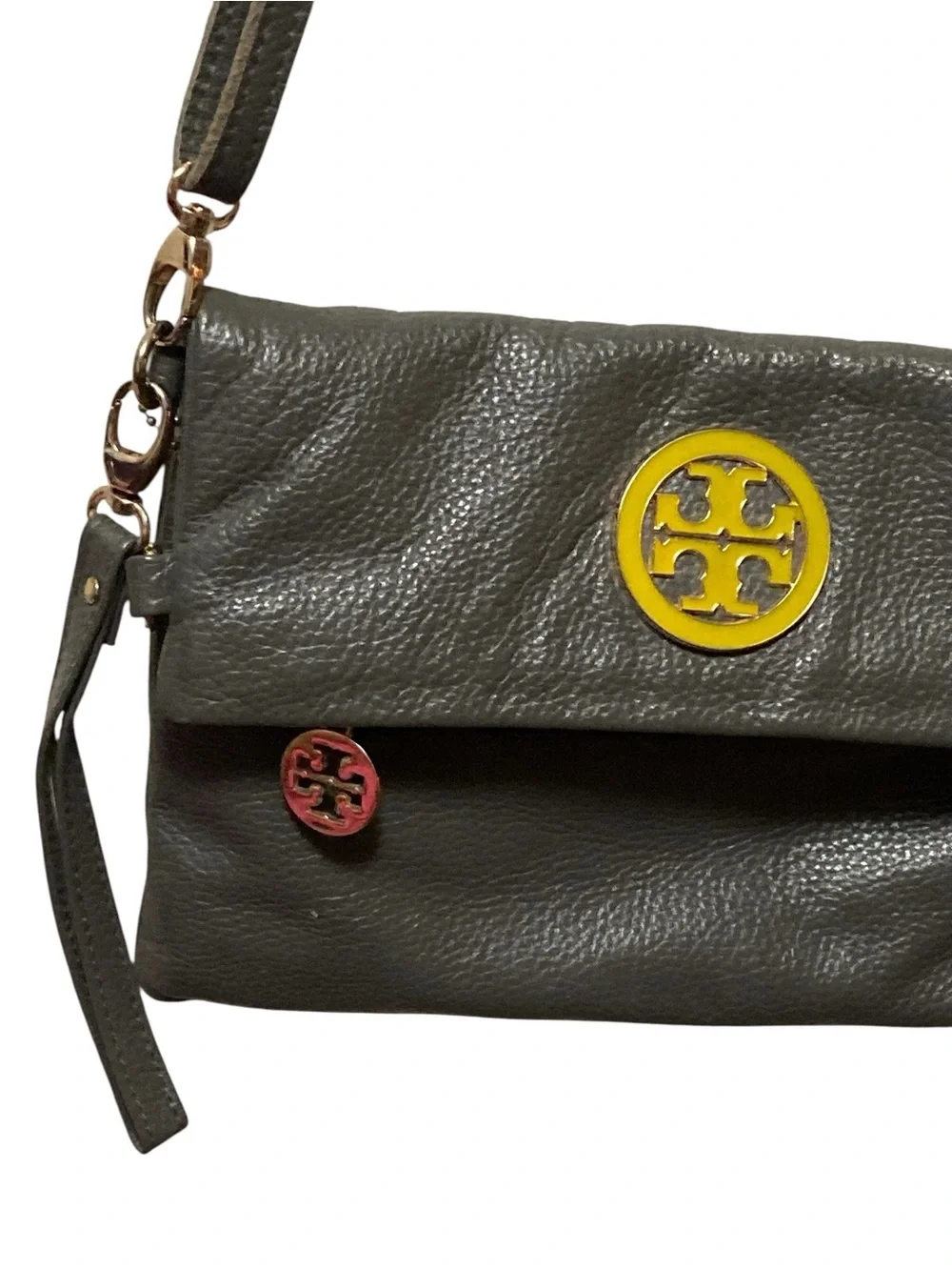 Tory Burch Logo Pebble Gray Leather Fold-Over Crossbody Purse